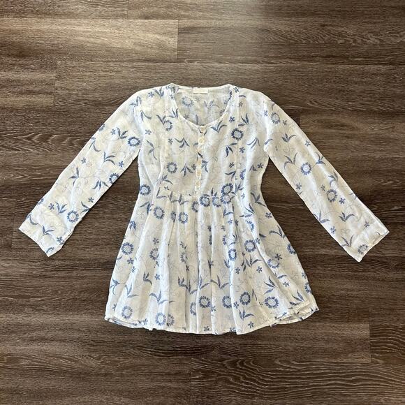 CP Shades Blue Floral Print Linen Dress Size Small Long Sleeve Peasant Tunic EUC - Picture 7 of 16